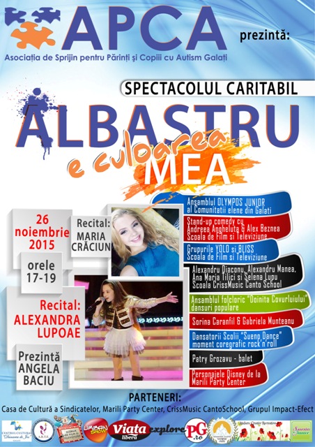 Artiști și spectatori vor purta albastru la spectacolul umanitar în sprijinul copiilor cu autism din APCA
